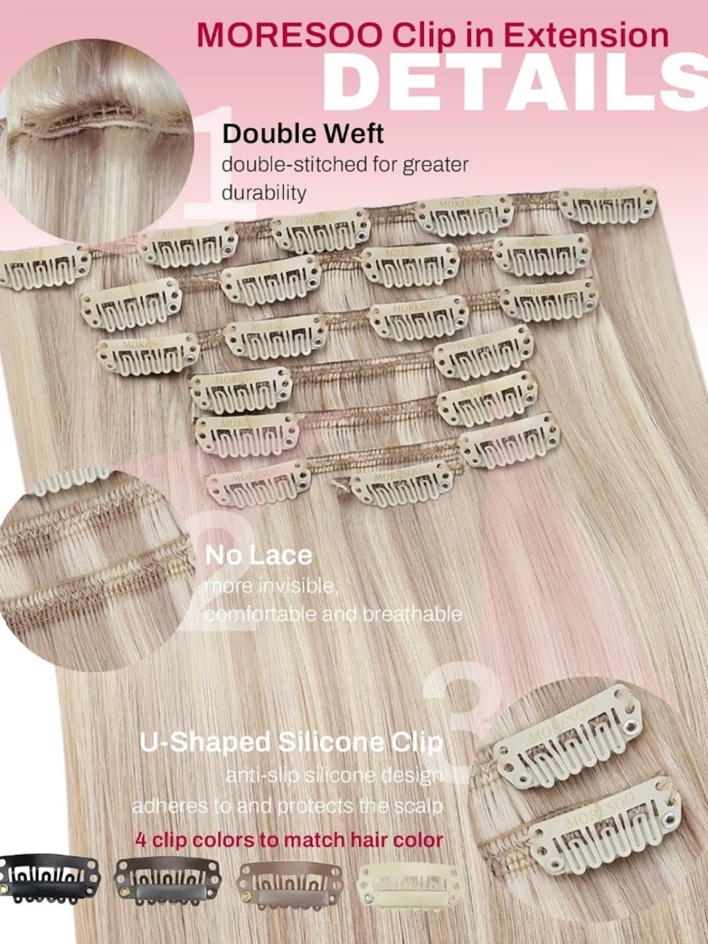 Moresoo Real Human Hair Clip-in Extensions 20" 120g 7 piece set Ash Blonde - Picture 4 of 9